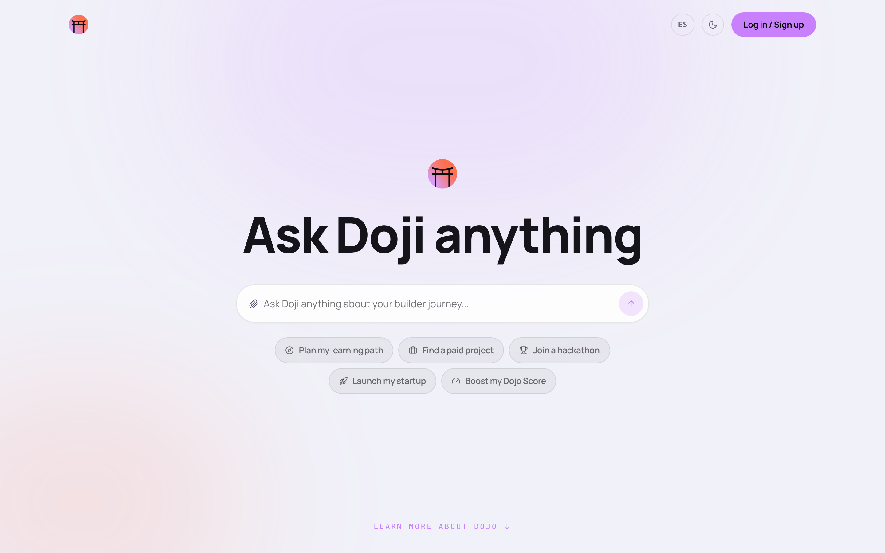 The TryDojo.io homepage: Ask Doji anything, with quick actions for learning paths, paid projects, hackathons, and startups